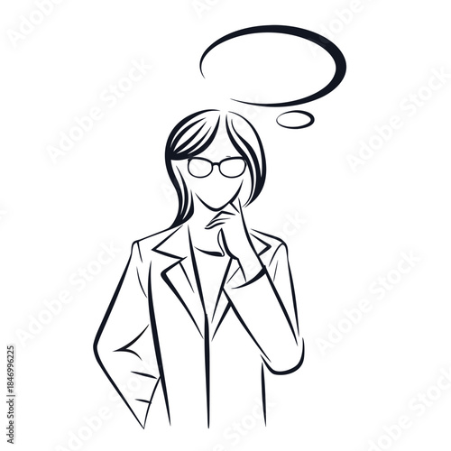 Stylized woman wearing a coat and eyeglasses appears to be lost in thought above