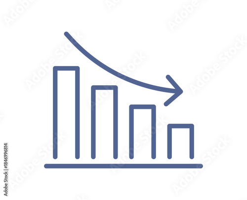 Declining bar chart icon with downward arrow, business loss indicator, financial decrease, negative performance trend, market downturn and analytics warning line flat vector illustration.
