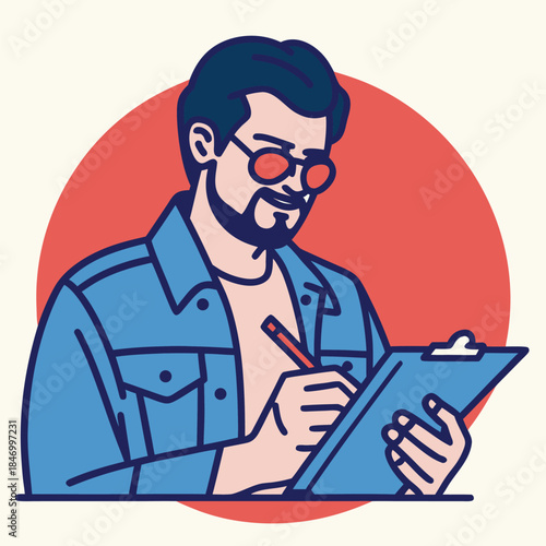 Smiling man with glasses in denim jacket writes on a blue clipboard intently