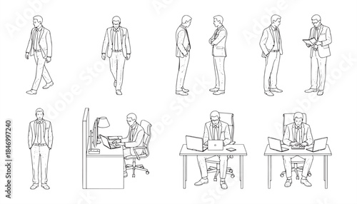 Urban Architecture and Business People Linear Icon Set