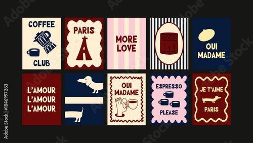 Cozy French inspired posters featuring cafe culture, croissants, city symbols and stylish handwritten phrases.