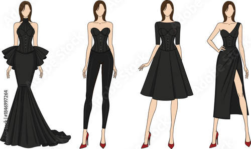 Elegant fashion illustration of modern black evening dresses, female silhouettes, haute couture outfits, runway inspired vector design for luxury womenswear collections, branding, marketing, editorial