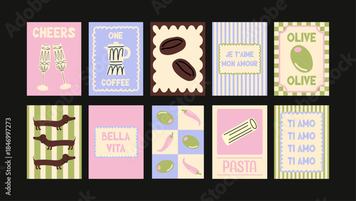Modern Mediterranean posters combining French cafe vibes and Italian food icons in playful doodle illustration style.