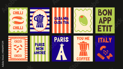Cute French Italian poster set with food doodles, coffee, pasta, olives and handwritten phrases in modern cut style.