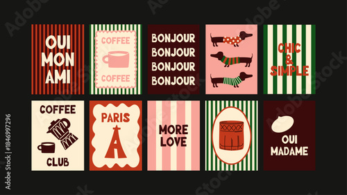 Trendy French lifestyle poster set with coffee moments, Paris mood, doodle drawings and decorative lettering.