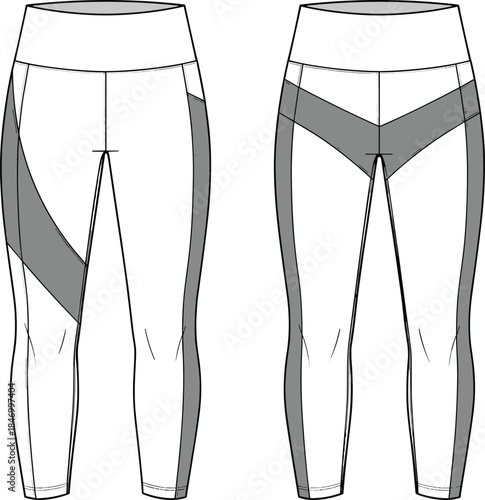Technical leggings flat sketch front and back view, women activewear pants design, sportswear vector illustration for fashion manufacturing, pattern making, apparel production, workflow, template
