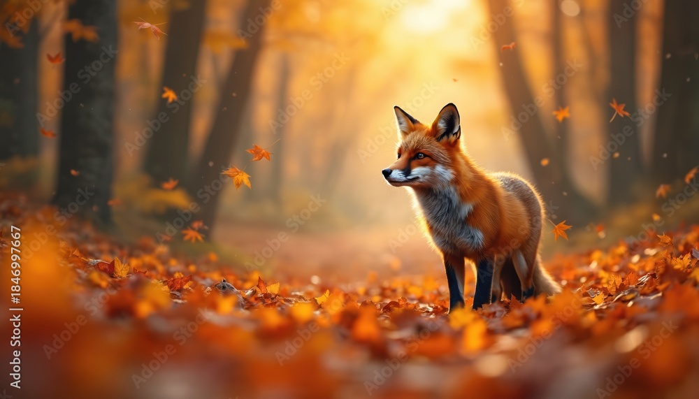Obraz premium Red fox stands on forest floor covered with fallen leaves. Orange autumn sunlight filters through trees creating warm glow. Animal looks alert in its natural habitat.