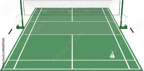 Badminton court with rackets and shuttlecock, green field layout, sports equipment vector illustration, game setup, athletic competition theme