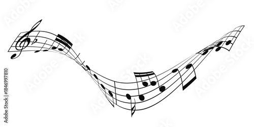Music notes wave isolated, musical notes background. Musical note wave. Music notes melody on white background. 