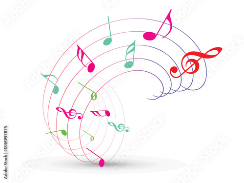 Music notes wave isolated, musical notes background. Musical note wave. Music notes melody on white background. 