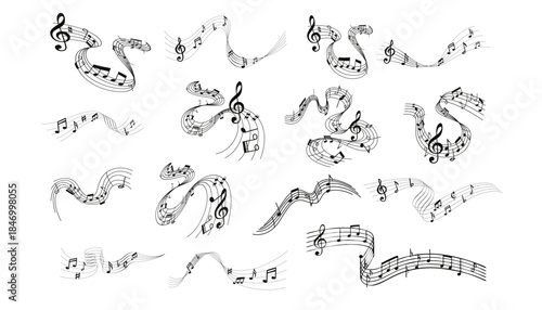 Music notes wave isolated, musical notes background. Musical note wave. Music notes melody on white background. 
