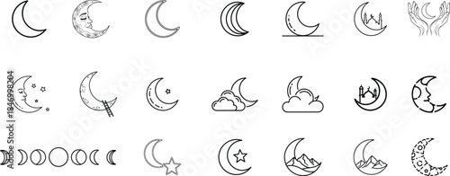A collection of various crescent moon illustrations and doodles