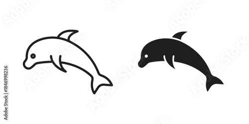 Dolphin icon element in flat simple style. Thin stroke editable icons
