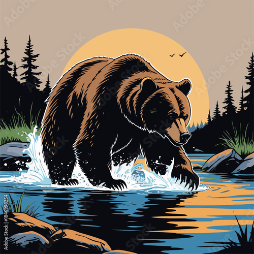grizzly bear vector illustration in american comic style