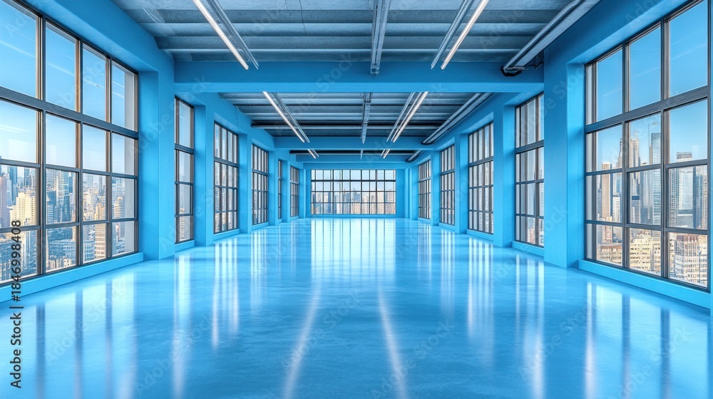 Obraz premium Empty bright blue loft, city view