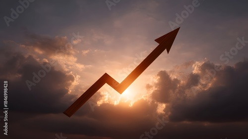 A wooden arrow chart pointing upwards towards a dramatic sunrise sky symbolizing growth progress and success