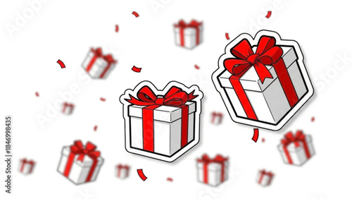 Celebratory gift boxes with red ribbons