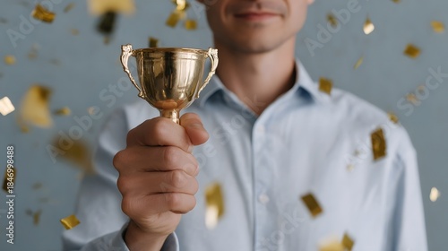 A man in a light blue shirt holds a golden trophy with celebratory confetti falling around him