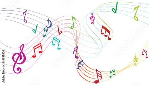 Vector musical melody with floating notes on staff lines. Curved musical notes and treble clef lines illustration. 