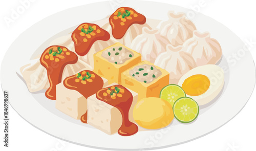 Vector illustration of Siomay Bandung (Indonesian-style steamed fish dumplings/dim sum) with tofu, boiled egg, and potato, all generously drizzled with a rich peanut sauce and a lime wedge.