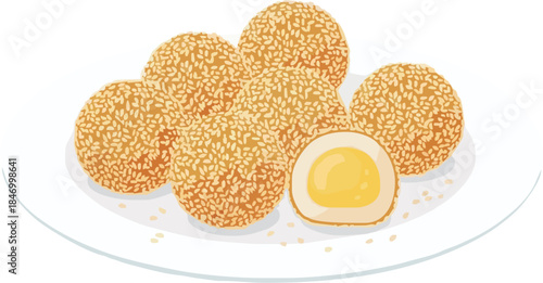 Vector illustration of Onde-Onde or Jian Dui (sesame balls) filled with a sweet mung bean or custard paste, served on a white plate.