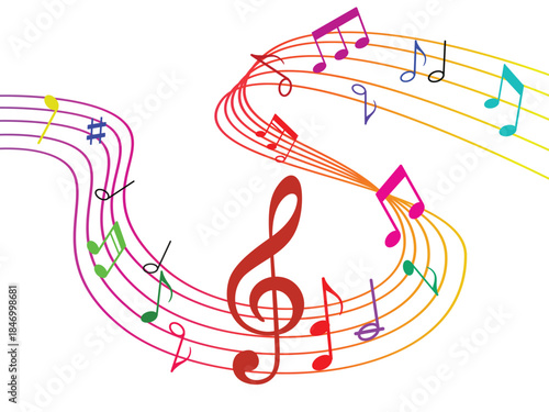 Vector musical melody with floating notes on staff lines. Curved musical notes and treble clef lines illustration. 