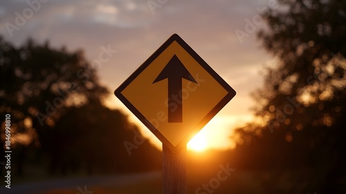 A diamond shaped road sign with an upward arrow is silhouetted against a vibrant sunset sky
