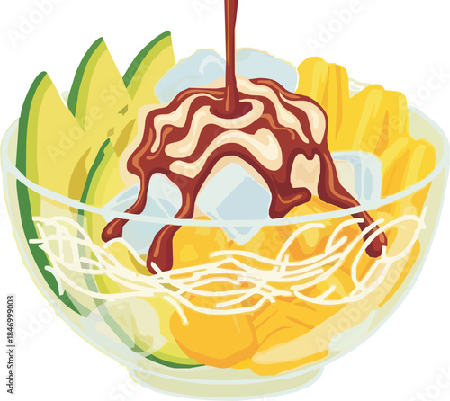 Vibrant vector illustration of a glass bowl of Es Teler (Indonesian fruit cocktail) with avocado, jackfruit, coconut, ice cubes, and condensed milk with chocolate syrup