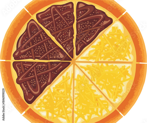Top-down vector illustration of a Martabak Manis (Indonesian sweet pancake) sliced into portions, featuring two popular flavors: chocolate sprinkles and syrup, and grated cheese.
