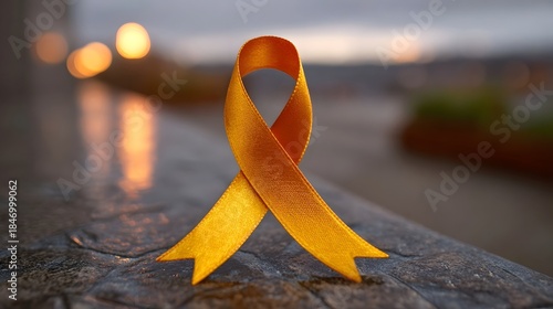 A golden awareness ribbon rests on a wet stone ledge with blurred city lights in the background at dusk or dawn