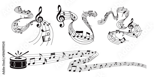 Musical note wave. Music notes melody on white background. waves of musical notes and songs .