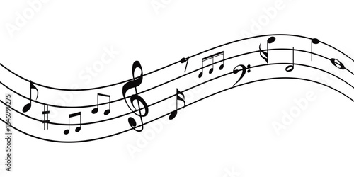 Musical note wave. Music notes melody on white background. waves of musical notes and songs .