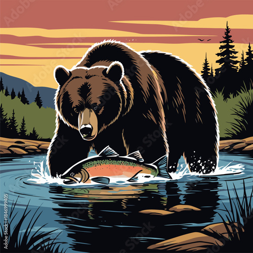 grizzly bear vector illustration in american comic style