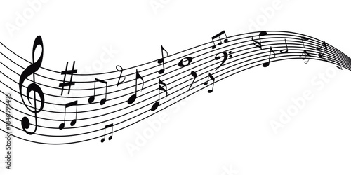 Musical note wave. Music notes melody on white background. waves of musical notes and songs .