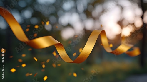 Elegant golden ribbon gracefully winds through a celebratory scene with falling confetti at twilight