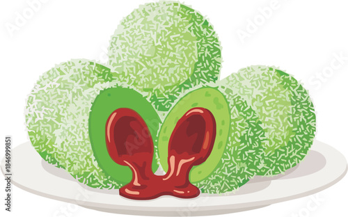 Vector illustration of Klepon (Indonesian/Malay sweet rice cake) balls covered in coconut flakes, with a cut-open piece showing the signature melted Gula Melaka (palm sugar) filling.