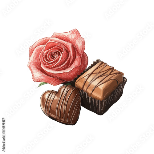 valentine chocolate and rose drawn vector illustration