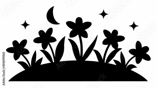 Ethereal Silhouette of Freesia Flowers Glowing Under a Sky Full of Stars, Creating a Magical Night Garden Scene