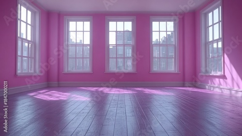 Empty pink room with sunlight and windows
