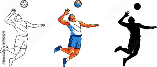 Volleyball Player Spiking or Hitting Ball Action Illustration