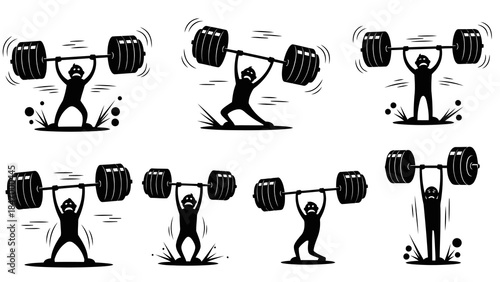 Funny Man Lifting Heavy Barbell – Pure Black Silhouette Cartoon Fitness Illustration Set on White Background