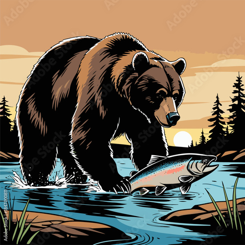 grizzly bear vector illustration in american comic style