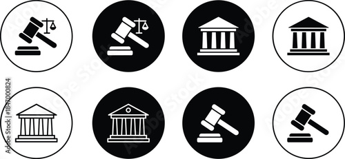 Law and justice circular icon set, gavel, scales, courthouse symbols, vector illustration, legal theme, judicial process, black and white design