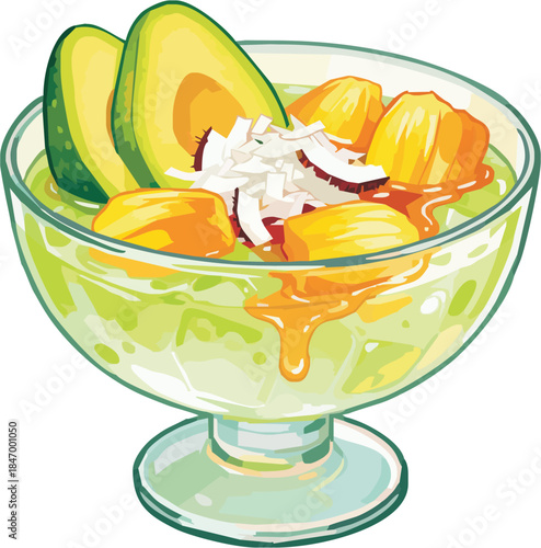 Stylized vector art of Es Teler (Indonesian fruit cocktail) with sliced avocado, jackfruit, coconut flakes, and a drizzle of caramel/syrup in a glass bowl, featuring a cool pastel background.