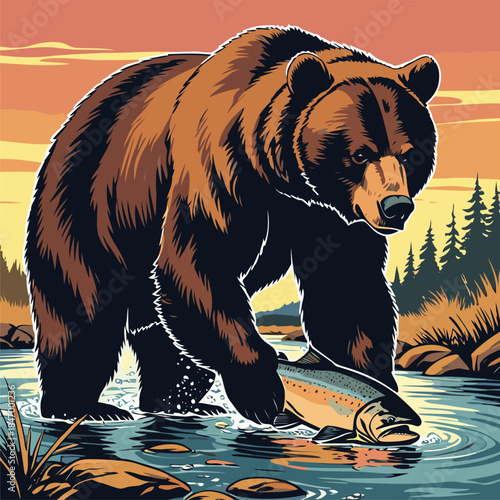 grizzly bear vector illustration in american comic style