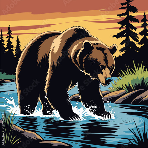 grizzly bear vector illustration in american comic style