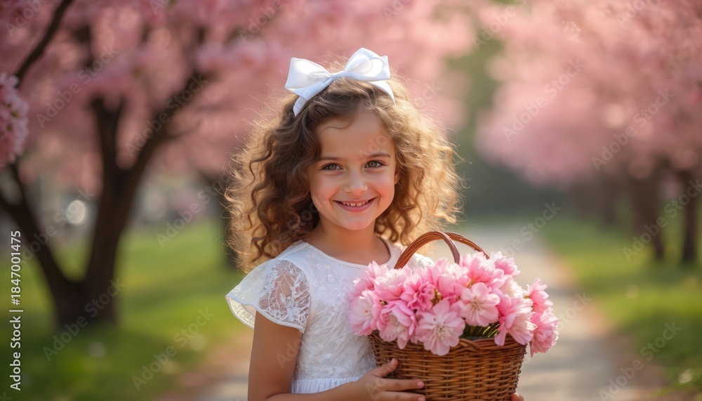 Fototapeta premium Smiling girl holds basket full of pink flowers. She has curly hair and wears a white dress. A blooming tree alley in spring creates a cheerful garden scene.