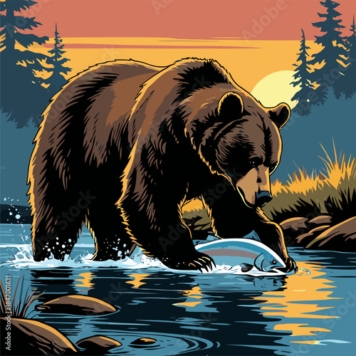 grizzly bear vector illustration in american comic style
