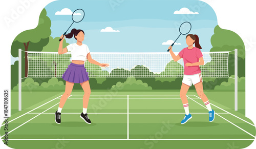 Outdoor badminton match scene, two players rallying, green court with net, vector illustration, sports activity, nature background, athletic play