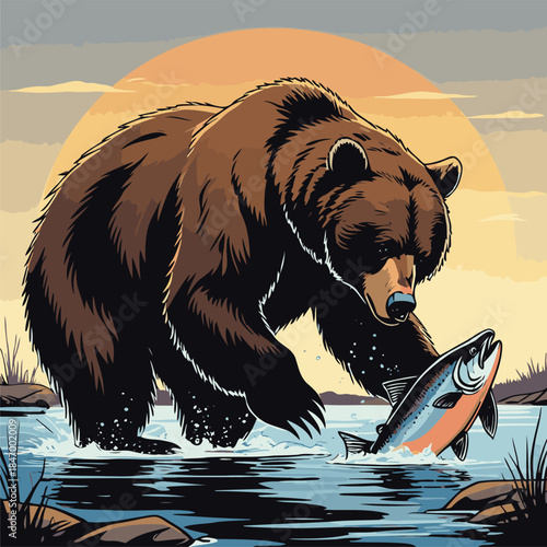 grizzly bear vector illustration in american comic style